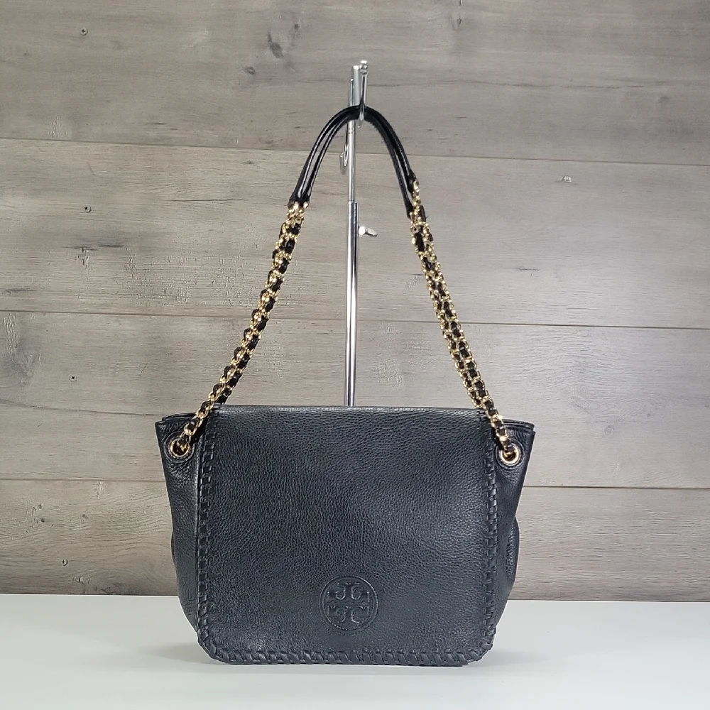 Tory Burch Flap Front Pebble Black Leather Shoulder Bag with Gold Chain-Strap